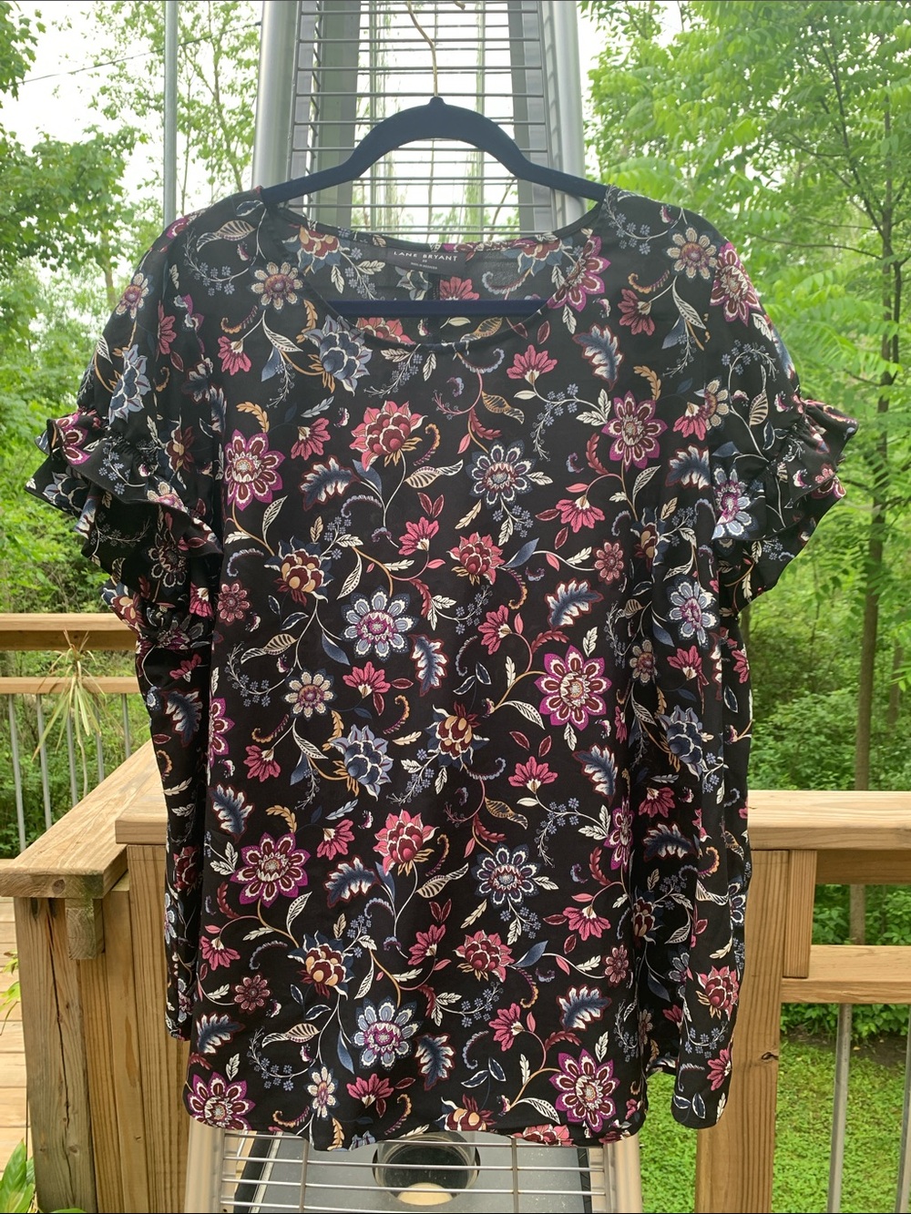 Lane Bryant Black Floral Ruffle Sleeve Blouse with Pink & Blue Accents